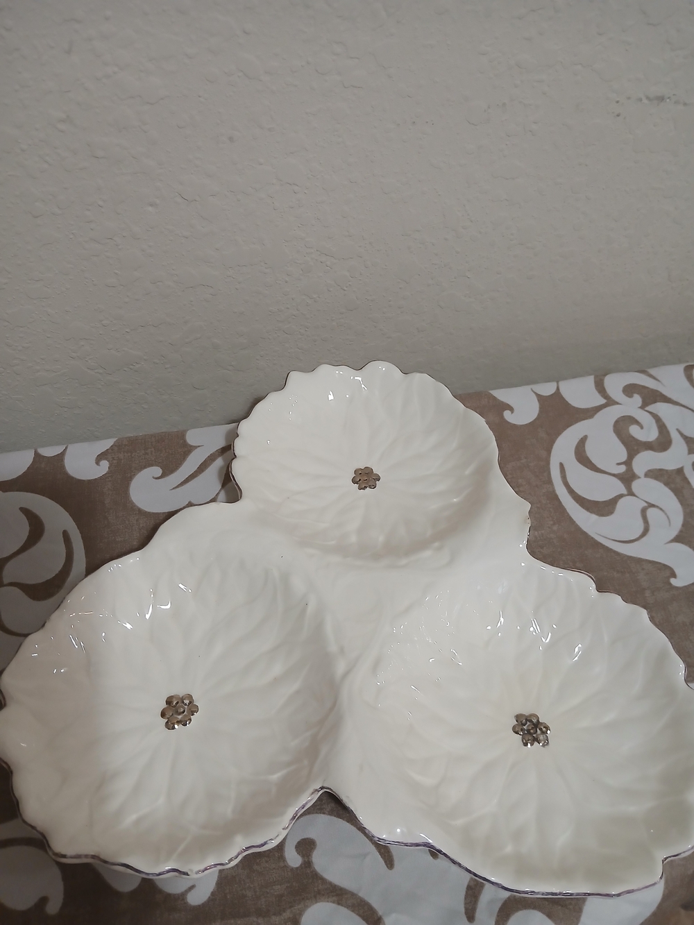 White Ceramic 3-Compartment Floral Serving Tray